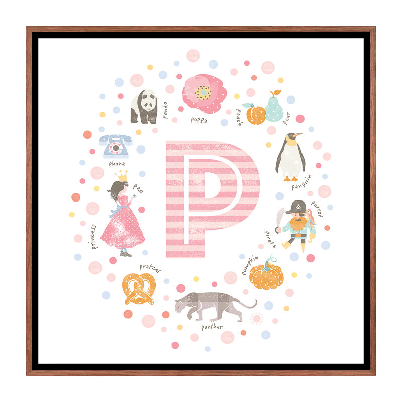Lettre illustrée P rose - impression, H 18 po x l 18 po x 1,5 po, Toile avec cadre brun, Pas de tapis