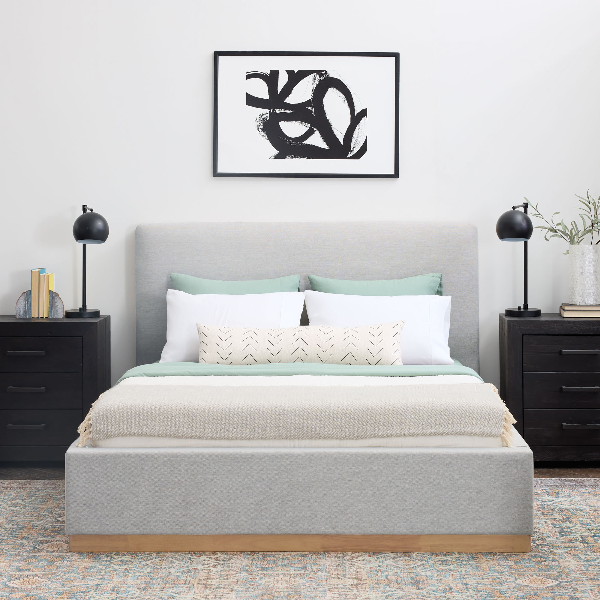 Delpha Grounded Upholstered Wood Base Bed, Stone Gray, Queen