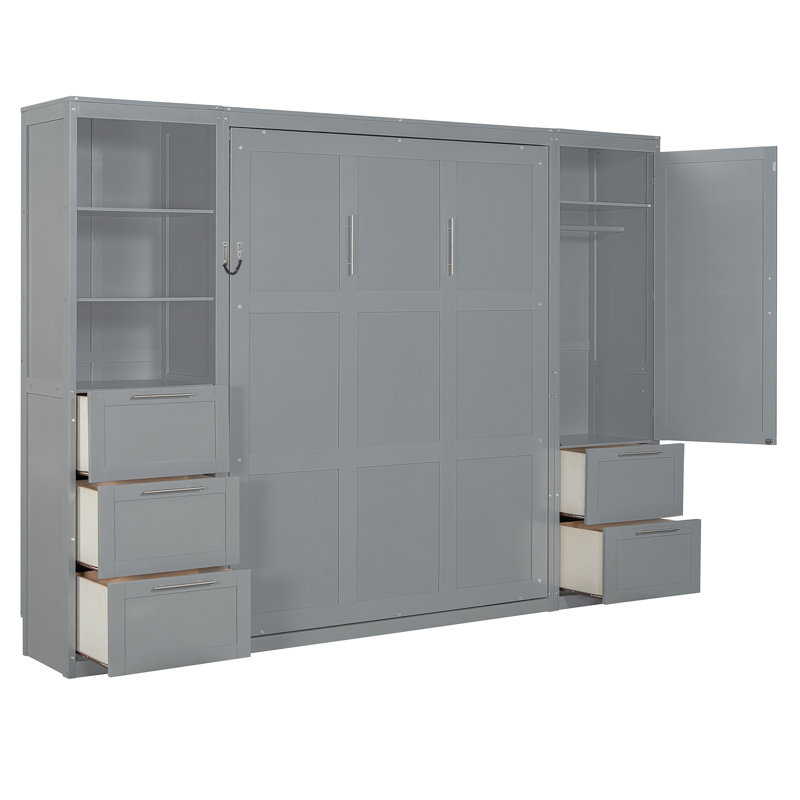 Grand lit escamotable mural avec garde-robe, tiroirs et tablettes - Grand lit escamotable pliable, gris, Gris