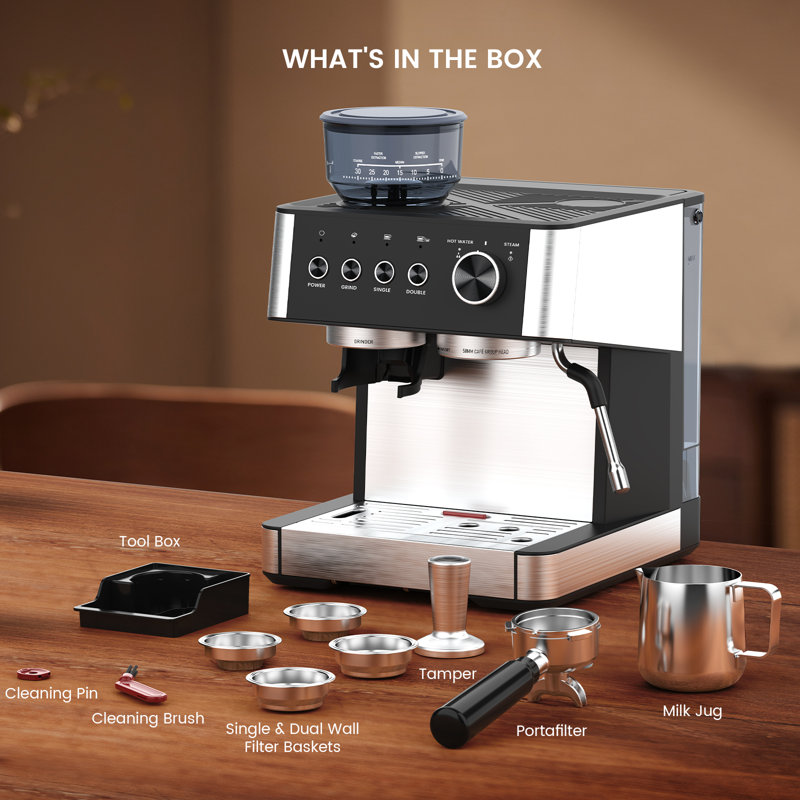 15 Bar Semi-automatic Espresso Maker With 30-position Grinder And Milk Frother Steam Wand