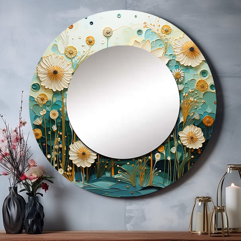 Green Blue Tranquil Oasis III - Botanicals Decorative Wall Mirror, Green Mirror, Printed Metal Art, 29" x 29", Round