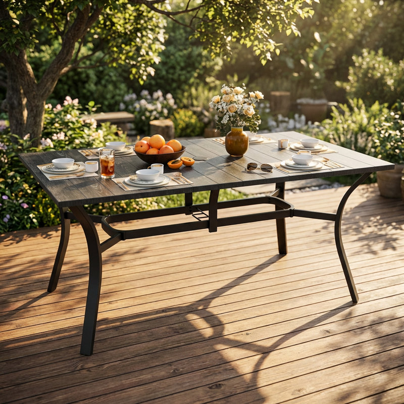 Table de salle à manger rectangulaire robuste avec trou pour parasol et finition grain de bois rétro