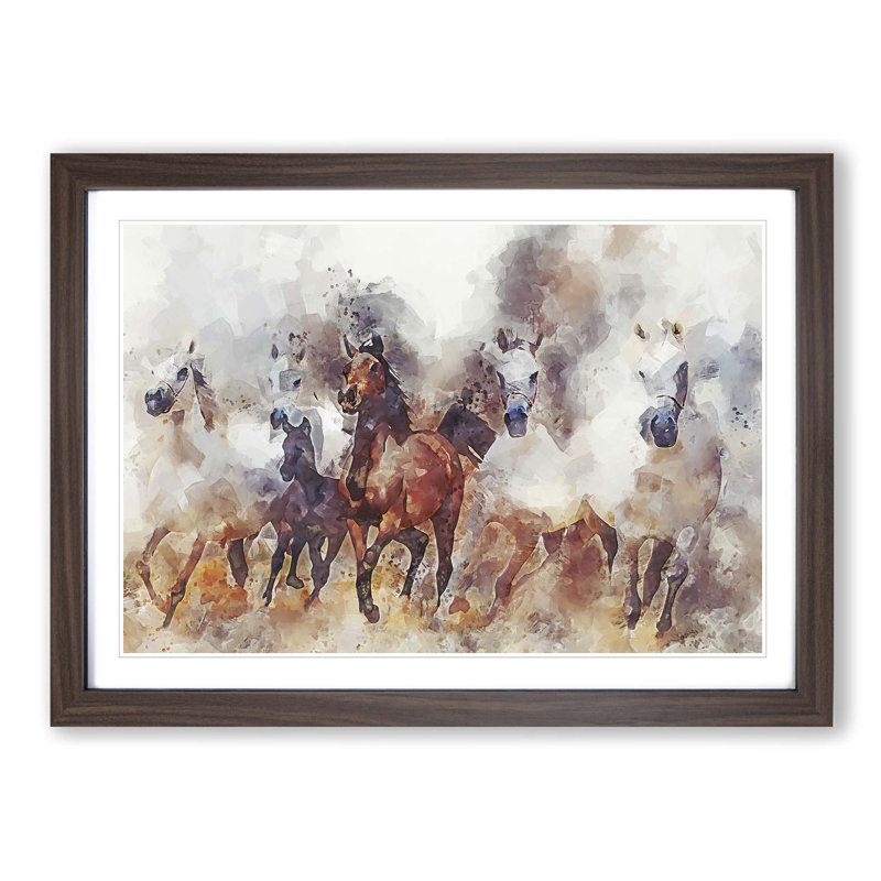 Galloping Horses in Abstract - Picture Frame Painting Print on MDF, 27cm H x 36cm W x 2cm D, Walnut Framed