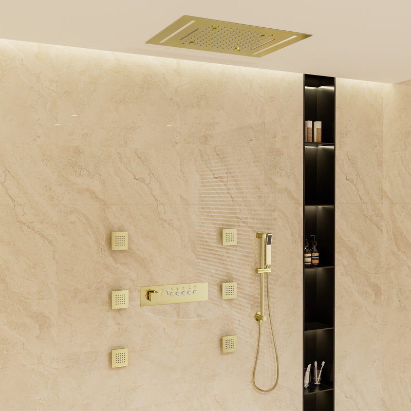Thermostatic Flush Ceiling Mounted Complete Shower System With LED Lights, Body Jets And Slide Bar, Brushed Gold