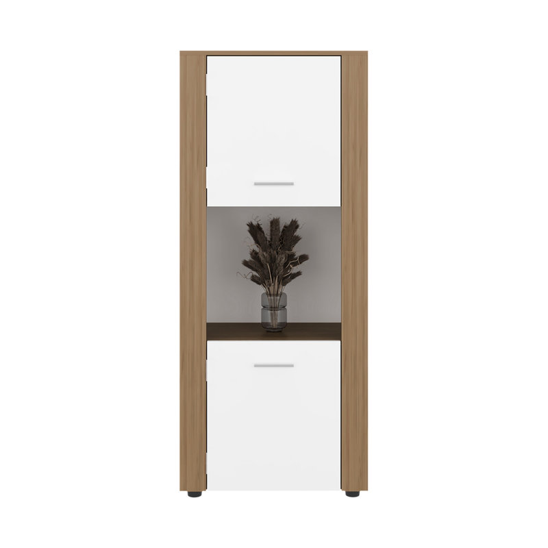 Armoire de rangement verticale en chêne naturel et blanc à trois tablettes pour les chambres à coucher, maintient un espace de rangement structuré, de grands bureaux à domicile, des espaces intérieurs de conception efficace
