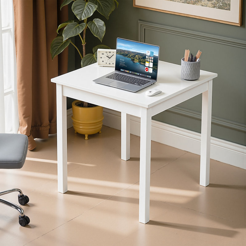 White Square Desk 29.5", Solid Wood Legs Writing Desk, Compact Modern Computer Desk for Small Space Home Office