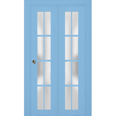 Sliding Closet Bi-fold Doors 84 x 96 in (2x 42x96) Veregio 7412 Aquamarine with Frosted Glass Sturdy Tracks Moldings Trims Hardware Set Wood Solid Bedroom Wardrobe Doors