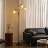 72" Rattan Arc Floor Lamp With Rotary Switch, Adjustable 3-Light Coastal/Boho/Farmhouse Style