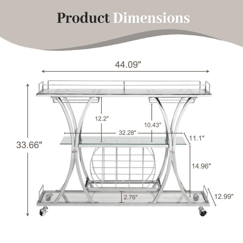 Plasencia Metal Rolling 3 Tiers Bar Cart with Wine Glass Storage and Handle, Silver