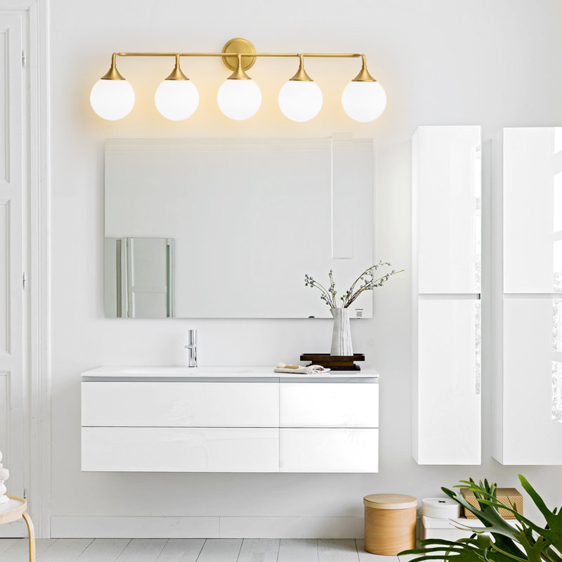 Romale Dimmable Bathroom Vanity Light with 5.9in Milk Opal Glass Globe Shade, Gold, 5
