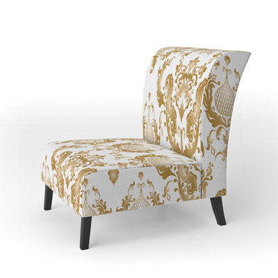 White And Gold Damask - Upholstered Patterned Accent Slipper Chair