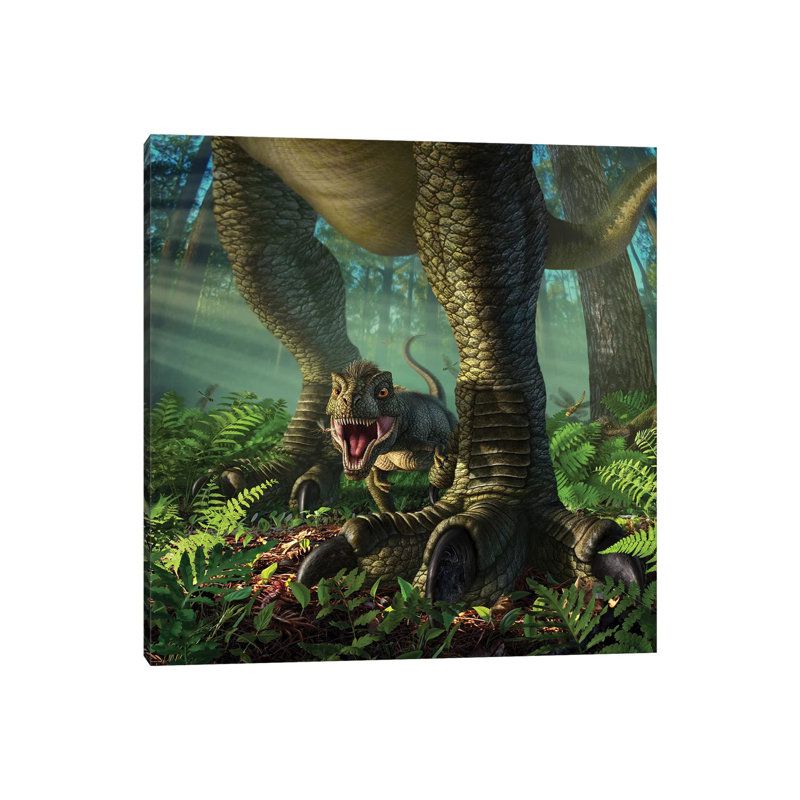 A Baby Tyrannosaurus Rex Roars While Safely Standing Between It's Mother's Legs by Jerry LoFaro - Wrapped Canvas Painting