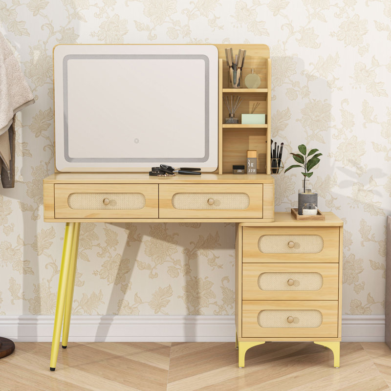 Makeup Vanity with Mirror, Lights, 5 Drawers and Storage Shelf, Walnut