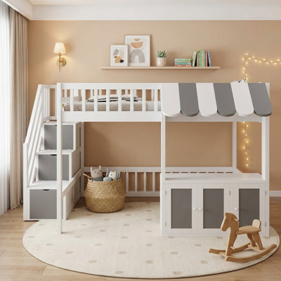 94.5" L House-Style Full Loft Bed with Storage Steps Led Light and Under Bed Cabinets White and Gray