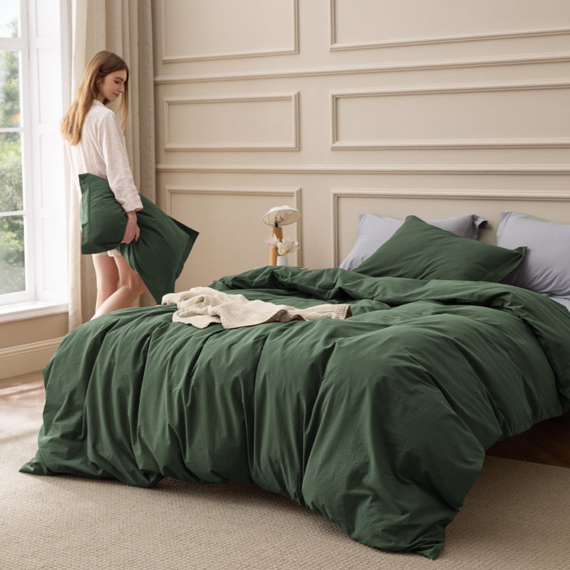 Bedsure 100% Washed Cotton Duvet Cover Oversized King Set –Minimalist Cotton Beding Set For All Season(Set of 3), Olive Green