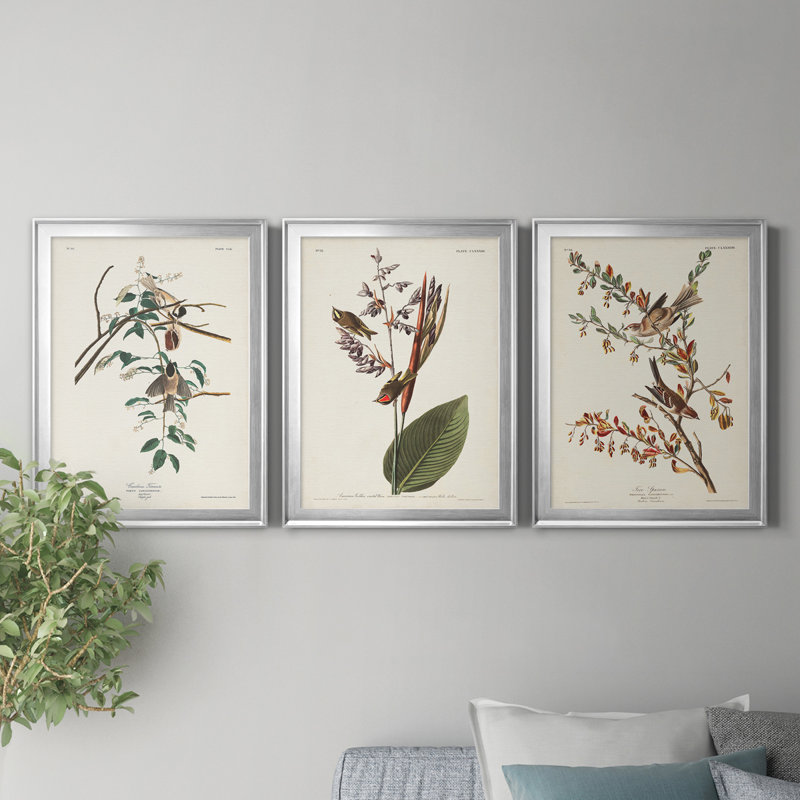 Pl. «160 Carolina Titmouse», ensemble de 3 impressions sur toile encadrées, Argent, H 18,5 po x l 73,5 po x P 1,5 po