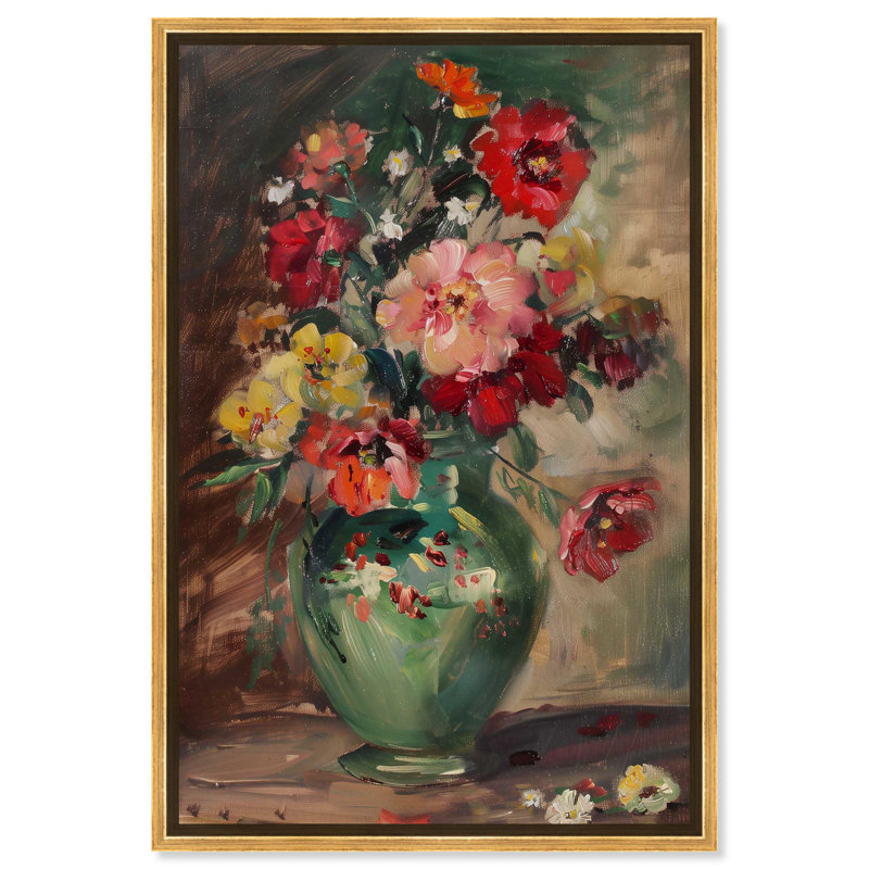 Art floral sur toile, vase vert, Cadre doré, H 16 po x l 11 po