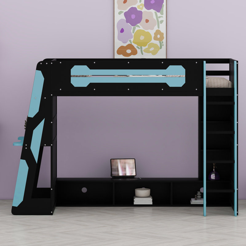 Lit mezzanine multifonctionnel avec bureau d'étude, nombreuses tablettes de rangement et éclairage RVB personnalisable