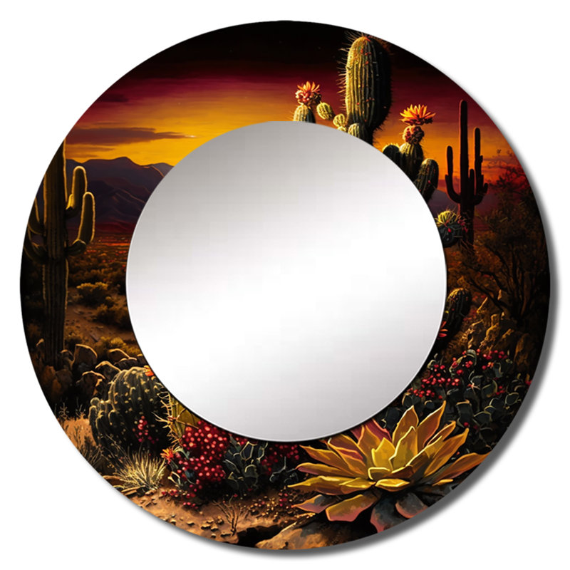 Prehaan Cactus In Desert II - Mountains Mirror, Traditional Round Unique Wall Mirror, Printed Metal Art, 29" x 29"