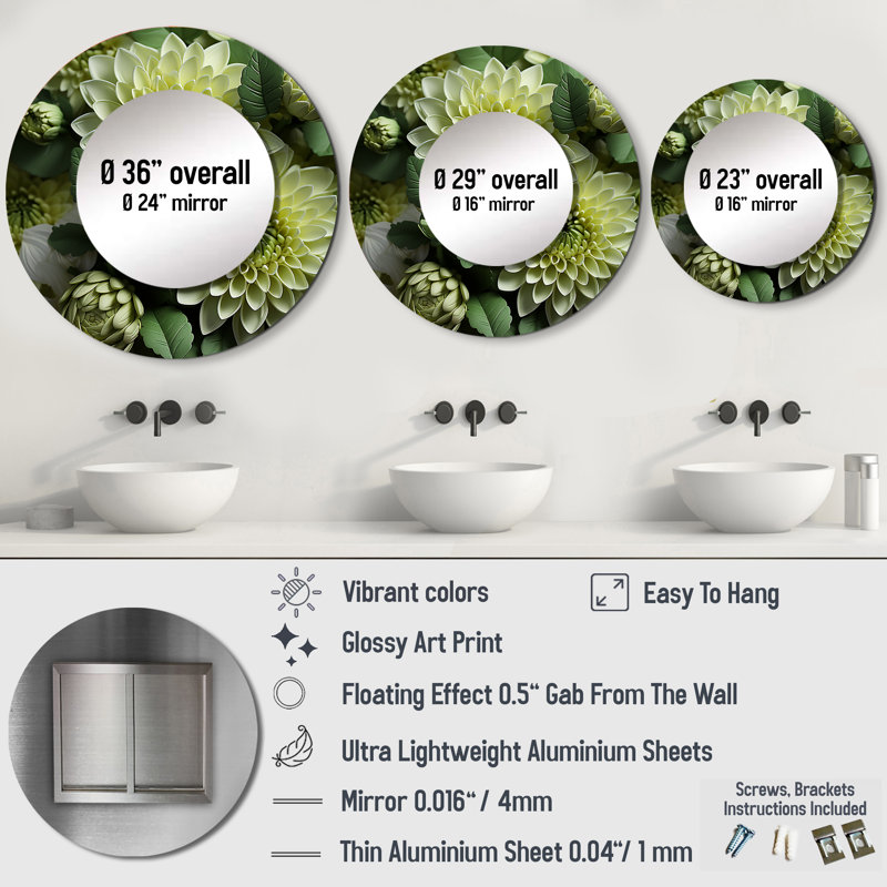 Mums Fragrant Elegance - grand miroir de maman, décor de miroir mural rond vert unique, impression d'art en métal