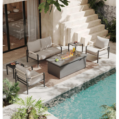 Ensemble de conversation de jardin 6 pièces avec ensemble de foyer d'extérieur gris 51 pouces