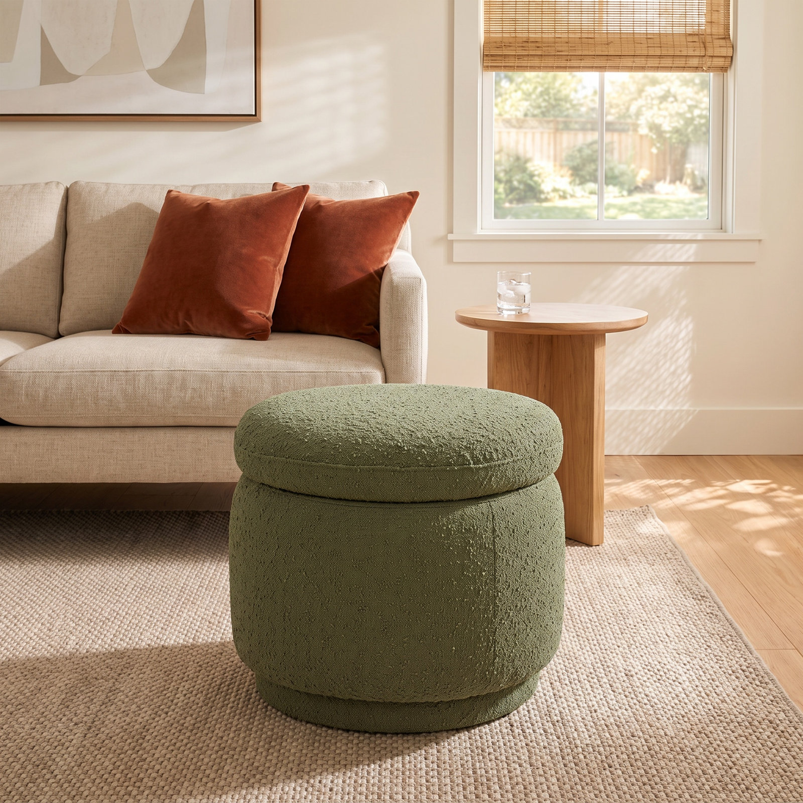 21" Storage Ottoman, Olive Boucle