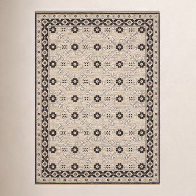 Abena Beige Black Floral Oriental Wool Rug