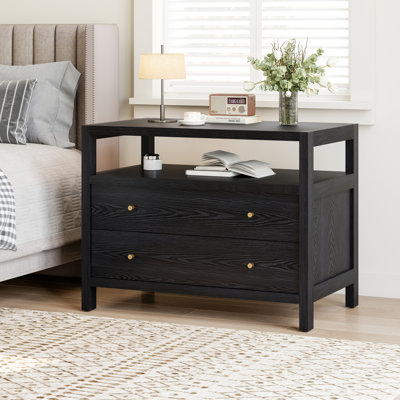 Modern Black 2-Drawer Nightstand with Open Storage, 25.19"H x 32.08"W x 19.29"D
