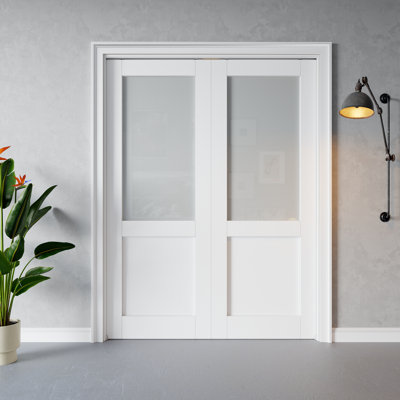 Interior Half‑Lite Frosted Glass Door, CARB P2 MDF & SGCC Tempered Glass Double Pocket Doors, with Strengthen Solid Frame & Hardware Kit, Sliding Bedroom Door, Pre‑Finished & Waterproof, for Pantry, Bedroom, Bathroom & Closet, Easy DIY Stain, 56"x 80"