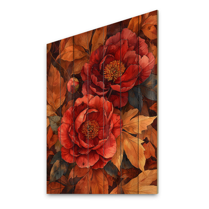 Pivoines rouges parmi les feuilles d'automne II - impression de bois de pivoines - sur bois de pin naturel