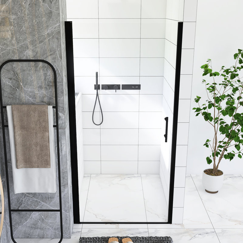 Porte de douche pivotante 36 po x 72 po, cadre en aluminium noir mat, demi-cadre, film en verre trempé anti-déflagrant de 1/4 po