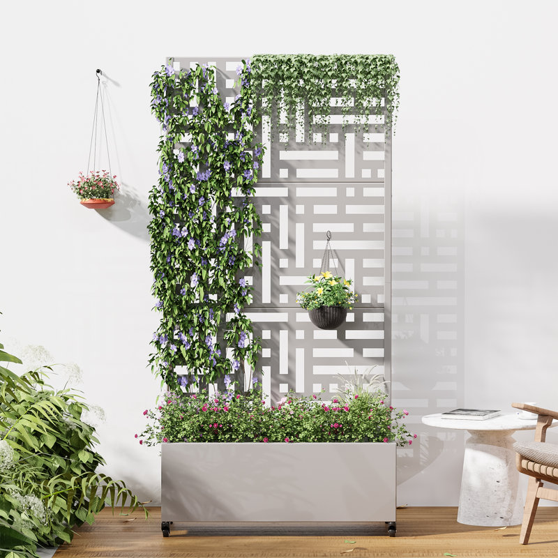 Boîte à fleurs d'extérieur individuelle en métal rectangulaire avec treillis pour plantes grimpantes, Gris