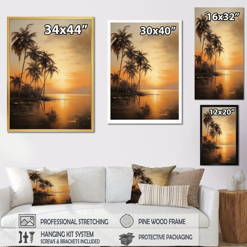 «Palm Tree Tropical Getaway Sunset Bronze Beach I», reproduction sur toile, Cadre naturel flottant