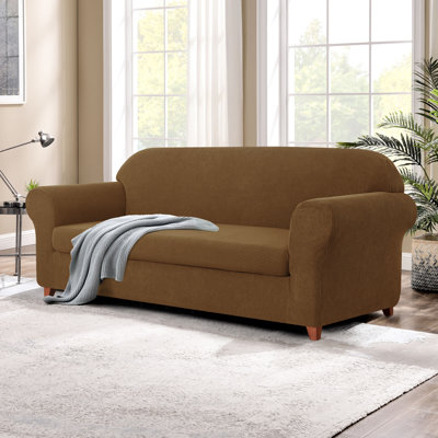 2 Piece Jacquard Sofa Cover, Polyester Spandex Stretch Couch Slipcover for Living Room, Easy Install & Washable Furniture Protection (LoveSeat, Coffee)