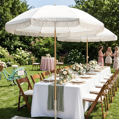 7FT Boho Patio Umberlla with Fringe,UPF50+ Outdoor Umbrella with Fiberglass Ribs and Push Button Tilt,Tassels Umbrella for Beach,Terrace,Picnic