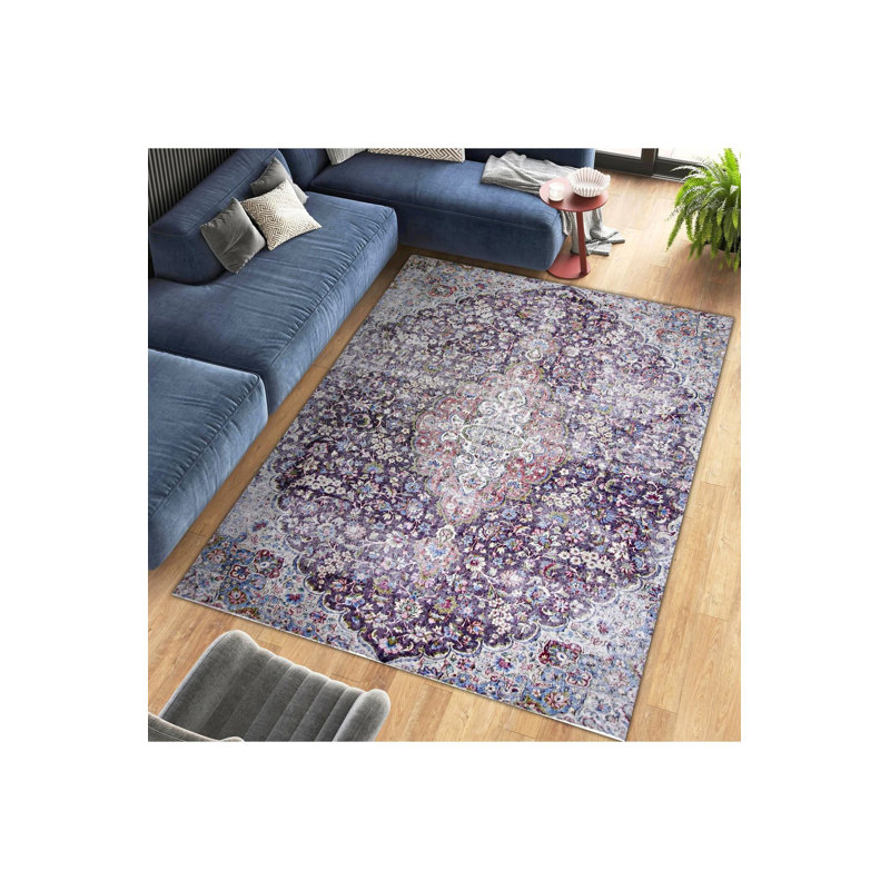 Tapis lavable décoratif à motif floral et motif traditionnel mauve, Sous-tapis rectangulaire 2 pi 6 po x 4 pi 11 po