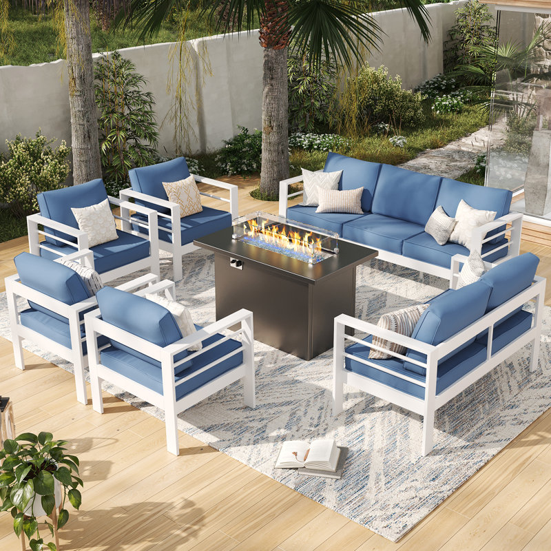 9 - Person Outdoor Seating Group With Cushions, White, Blue