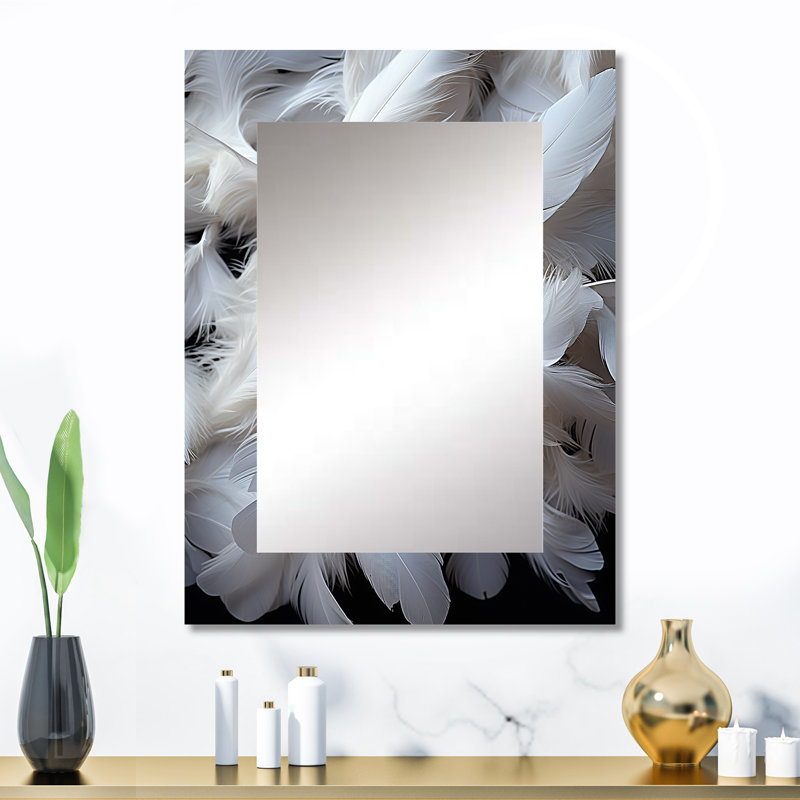 «Light As A Feather I» - grand miroir mural en plumes, miroir blanc unique, reproduction d'art en métal, 32 po x 24 po