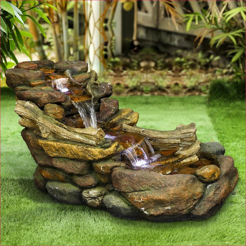 Fountains | Cascading Indoor Outdoor Rock Fountain with LED Lights, for Garden Patio Deck Porch | Fuente | Cascada | Luces LED | Resin | Tiered Waterfall Fountain