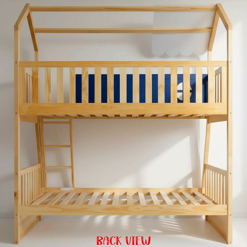 Lit superposé simple au-dessus de double Arozu, lit pour enfants en bois avec ciel de nuit en forme de garde-corps et échelle, 2 tiroirs de rangement en bois de pin, autocollants supplémentaires offerts, sécurité, non toxique, bleu marine et naturel.