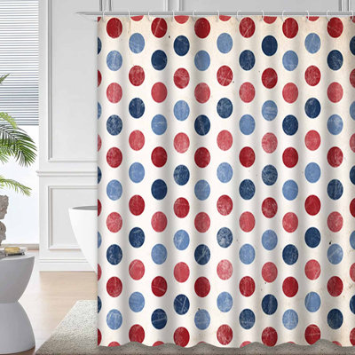 Patriotic Red Blue Dots White Shower Curtain with 12 Hooks