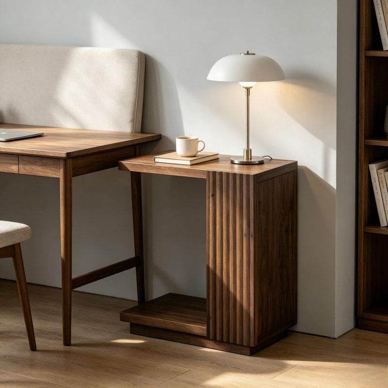 Table d'appoint de style campagnard en forme de C, table d'appoint en bois cannelé de haute qualité avec étagère de rangement à deux niveaux, 60 cm L × 28,5 cm P × 60 cm H, table d'appoint gain de place pour canapé, salon ou chambre