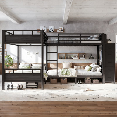Quad Twin Metal Bunk Bed for 4 with Storage Drawers, Wardrobe & Open Shelves, Black
