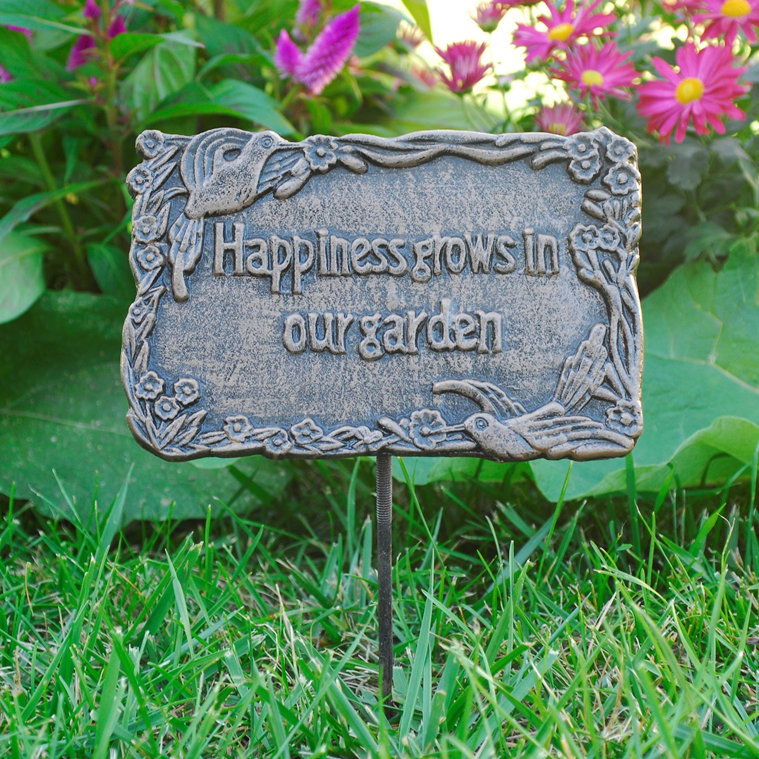Enseigne « bonheur grandir dans notre jardin », Bronze antique