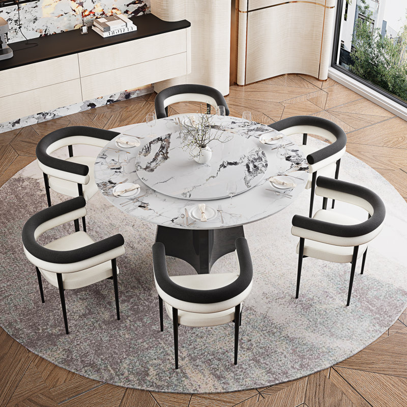 6 - Person Dining Table Set With 51'' Faux Marble Round Table Top With Lazy Susan And Upholstered Dining Chairs