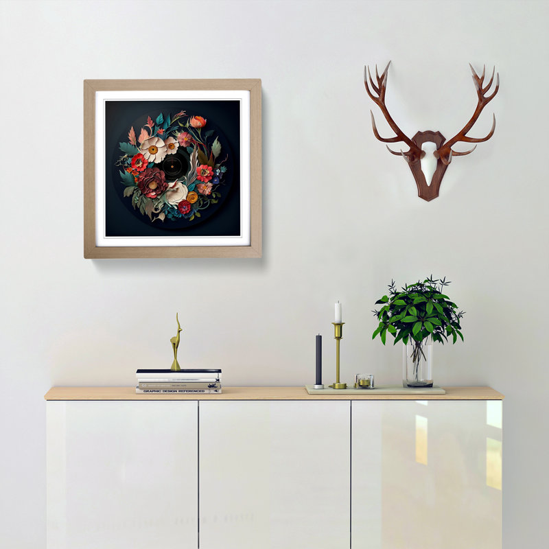 Vinyl Record Floral Art - Single Picture Frame Print on Wood, Oak