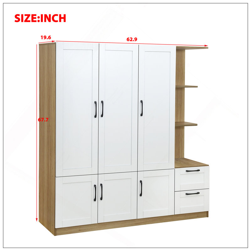 Armoire de rangement à 3 portes en bois pour chambre à coucher avec tablettes et 2 tiroirs, tablettes de rangement latérales
