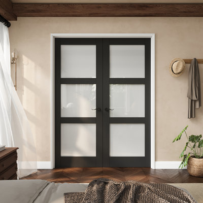 Porte française en verre givré noir à 3 verres de 56 po x 80 po avec loquets noirs, dalle de porte d'intimité en verre avec cadre, insonorisant et imperméable, combinaison pour la lessive, portes de placard, portes de chambre, loquet et levier de porte inclus