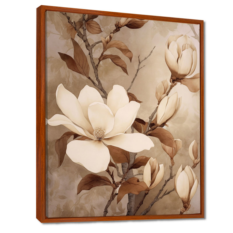 White Brown Magnolias Nature Serenity - Floral Wall Art, 20" H x 12" W x 1" D, Brown Floater Framed