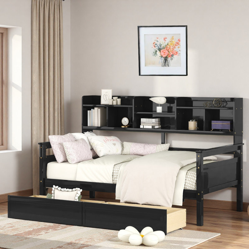 Modern Daybed With Storage Shelves And 2 Drawers, Espresso